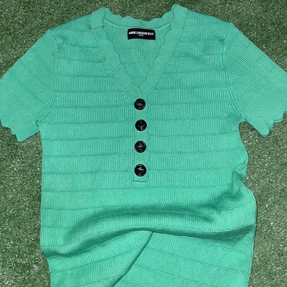 Karl Lagerfeld Paris Ribbed Knit Green Sweater Top - Picture 4 of 9